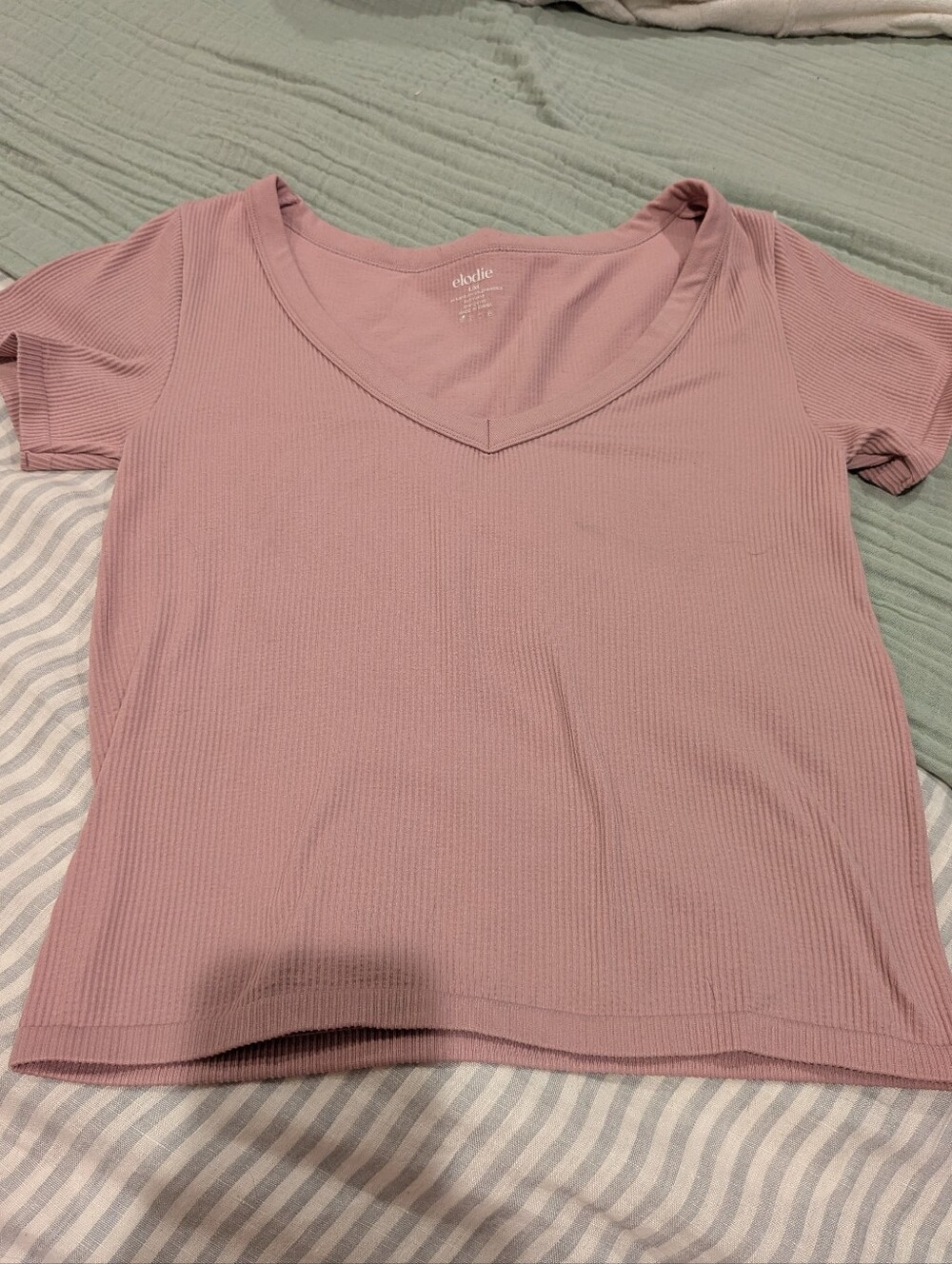 Elodie Ribbed V-Neck Short Sleeve Top in Dusty Mauve - L/XL